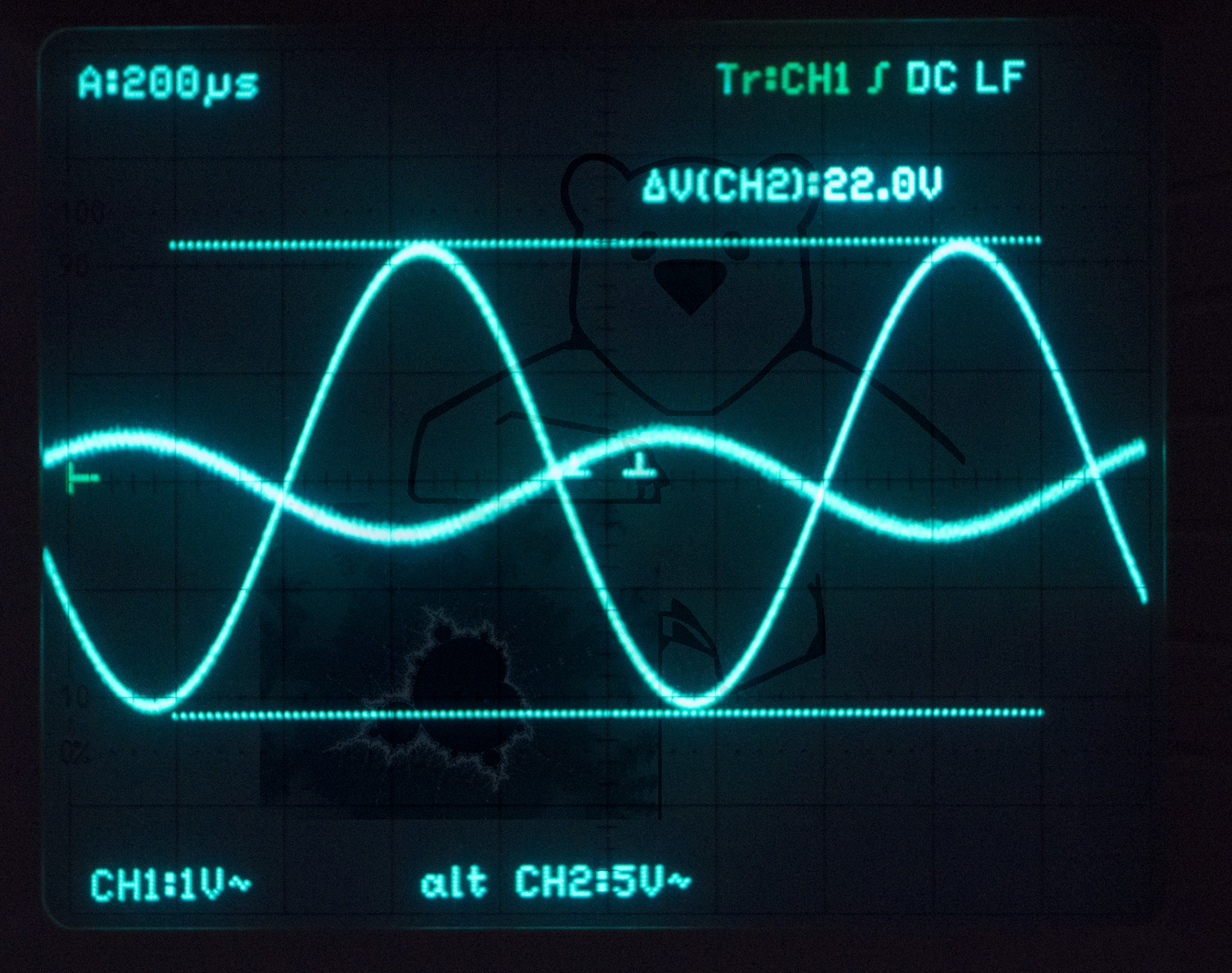 Die Modulation der Liebenröhre mit einem Sinus 1 Vss mit 1 kHz, Verstärkungsfaktor ca. 22